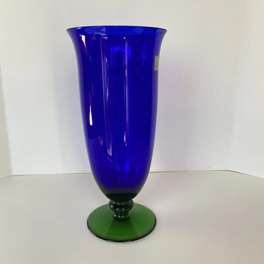 Madison Avenue cobalt blue crystal glass vase with green pedestal made in Czech
